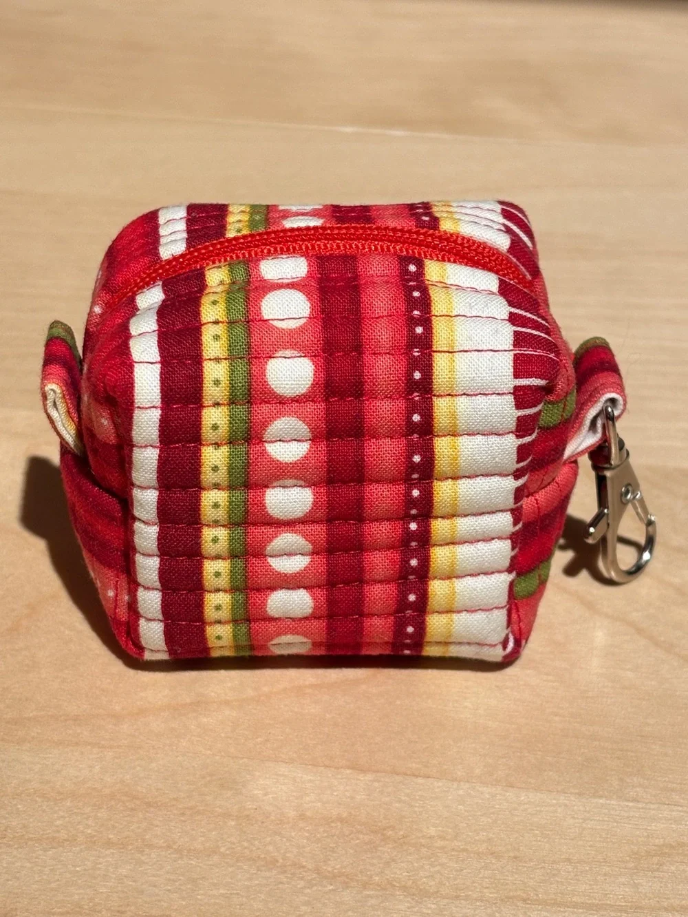 Quilted Red Stripe Mini Pouch Keychain, Handmade
